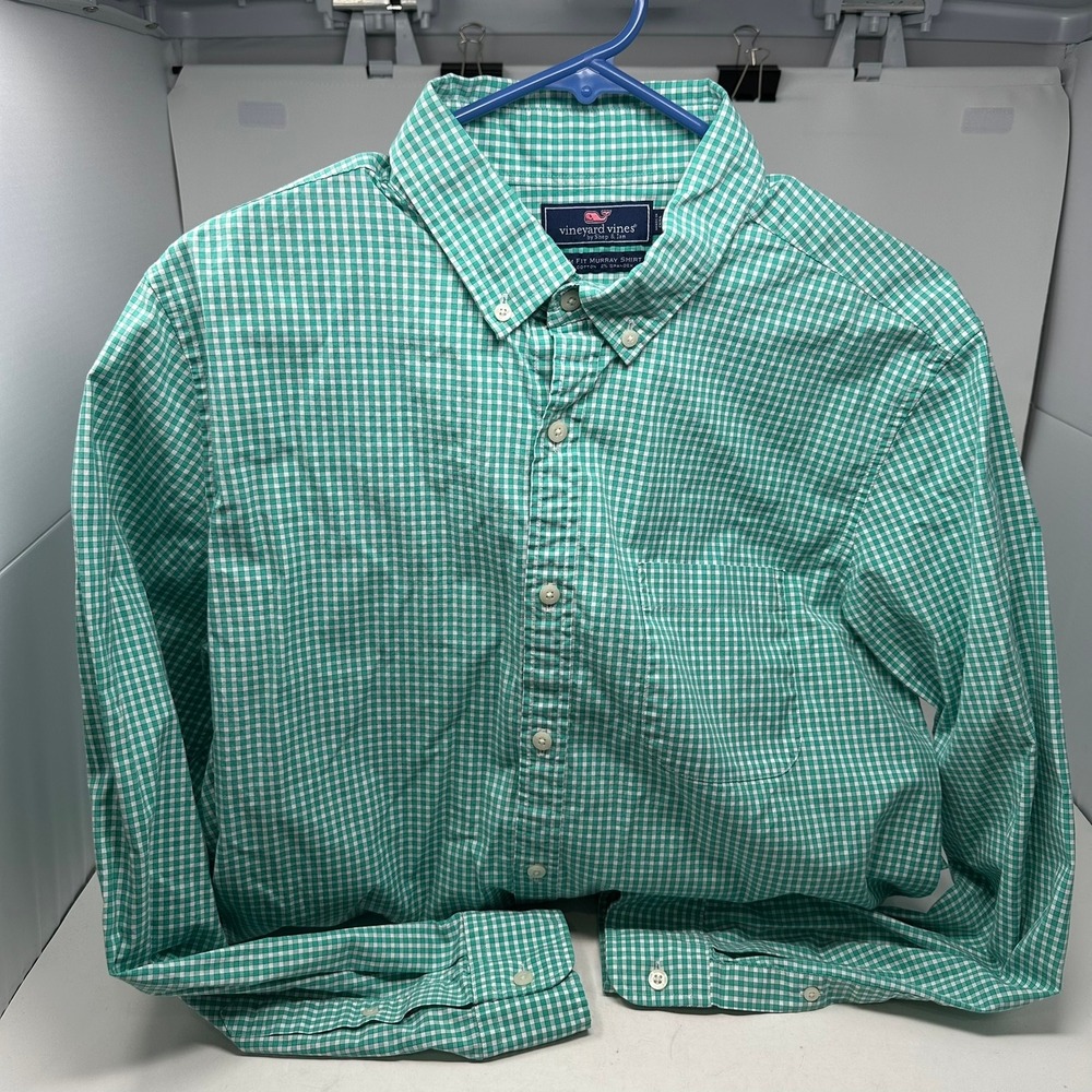 Vineyard Vines Button Down Men L Green Murray Shirt Slim Fit Gingham Whale Logo